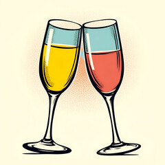 Champagne glasses toasting with champagne celebration drawing. Two champagne flutes clinking together in a celebratory toast with copy space white background 