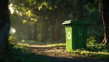 Fototapeta premium Green recycling bin in a sunlit forest path