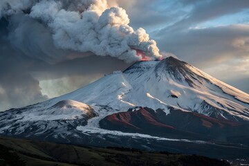 Majestic snow capped volcano erupting with ash cloud under dramatic sky