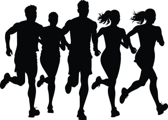 Group of male and female running silhouette vector on transparent background