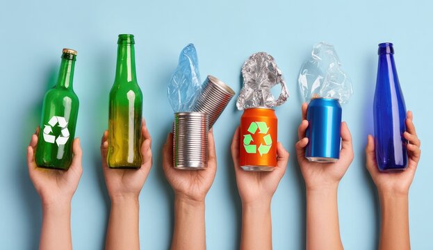 Hands holding various recyclable materials on a light blue background