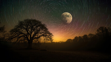 Mystical Forest Twilight with Cosmic Sky and Ancient Oak Astrophotography Fantasy Scene