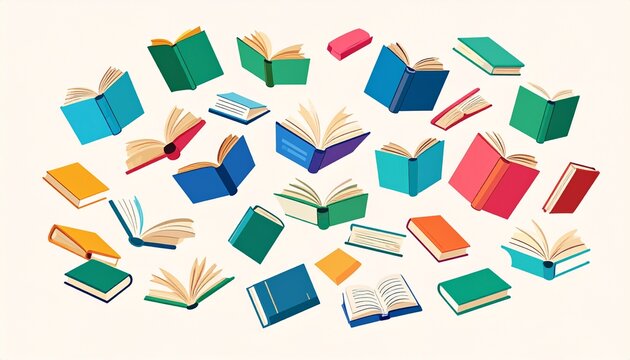 International Literacy Day. A colorful collection of open books floating in the air, various colors and sizes.