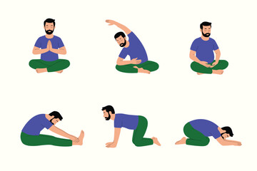 Flat Illustration of Male Yoga Poses for Relaxation and Flexibility Training