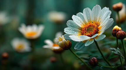 Close-up of Dewy White Flowers in Garden