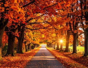 Straight road with autumn leaves