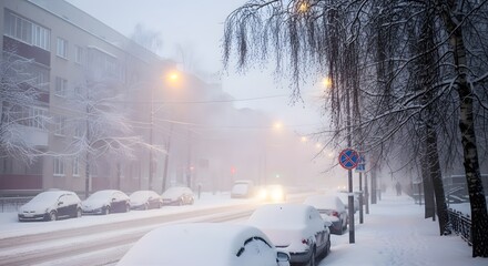 Winter urban landscape with snow-covered cars and trees in a foggy cityscape