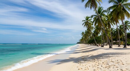 The serene white sand beach stretches along the turquoise ocean under a partly cloudy blue sky.