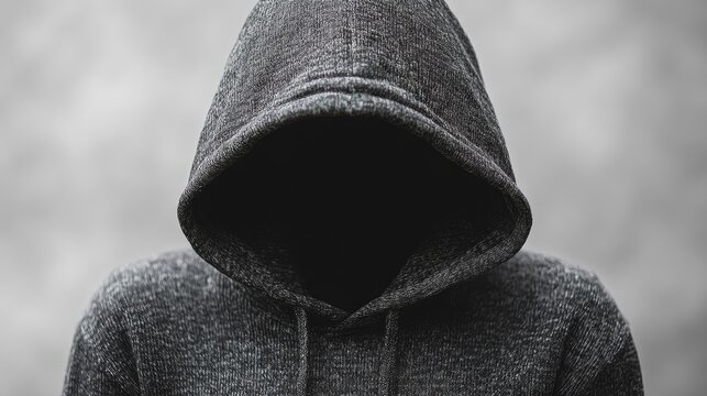 Mysterious hooded figure in grayscale, symbolizing anonymity or lurking darkness