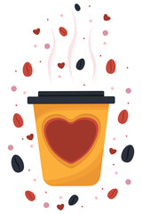 Steaming Coffee Cup with Hearts and Floating Beans. Hot Mug for Valentine's Day and Love
