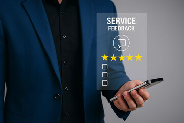 Professional Businessman Giving Five-Star Rating on Smartphone for Customer Service Evaluation