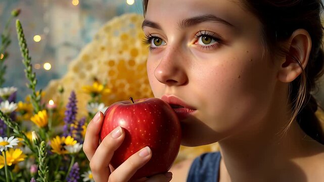 A woman is holding an apple in her hand
