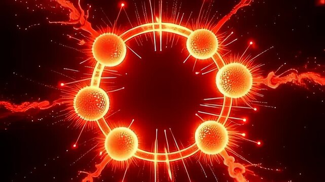 A futuristic interpretation showcases a circular molecule composed of neon particle clusters spinning within a dark void, illuminated by striking reds and golds, creating bold contrasts