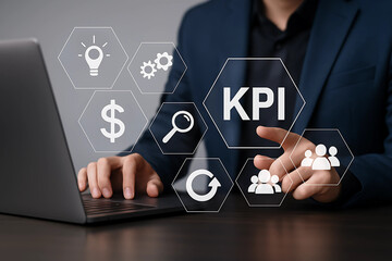 Corporate Executive Reviewing Business Metrics and Key Performance Indicators (KPI) through Digital Analytics Dashboard for Strategic Decision-Making
