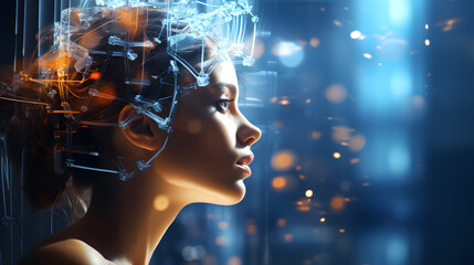Woman with headset immersed in digital ideas and creative thoughts in a futuristic setting