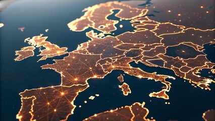 A digital map of Europe displays glowing city lights and an interconnected network of data flow across the continent, highlighting communication and technology.