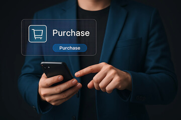 Businessman Tapping Purchase Button on Smartphone for Digital Payment in Modern E-commerce Transaction Concept