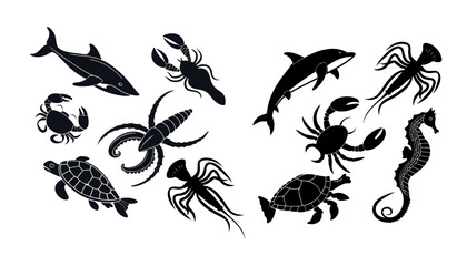 Marine Animal Silhouette Vector Set—Shark, Crab, Turtle, Octopus, Lobster, Seahorse Icons