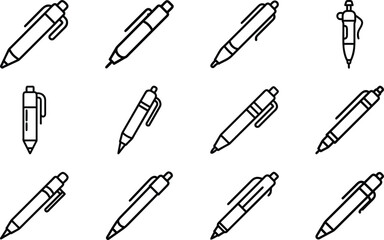 Collection of twelve simple line art pen icons representing writing and office supplies