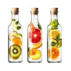 Refreshing Fruit-Infused Water Bottles Featuring Kiwi, Grapefruit, and Citrus for Healthy Hydration on transparent background