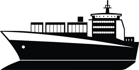 Obraz premium Container ship silhouette, cargo vessel icon, freight transport vector, maritime shipping graphic