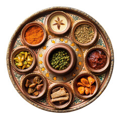 Colorful Assorted Spices in Traditional Indian Spice Tray with Fresh Ingredients and Rich Textures on transparent background