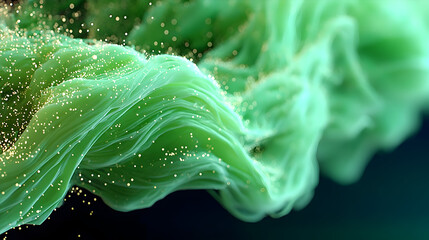 Abstract Green Swirling Liquid with Gold Particles