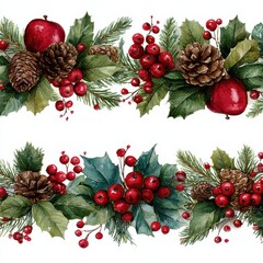 Decorative holiday arrangement featuring pinecones, red berries, and apples in a joyful winter setting