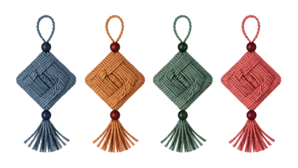 Four woven diamond ornaments with tassels and beads image