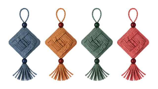 Four woven diamond ornaments with tassels and beads image