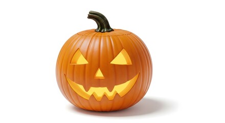 Fototapeta premium Glowing Jack-o-lantern, a cheerful Halloween symbol, sits on a white background. Its carved face radiates warmth and festive spirit, embodying autumnal joy.
