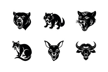 black and white Animal Angry faces vector silhouette 