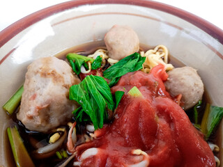 Bakso Meatballs and Noodles with Soup Served Chili Sauce Indonesia Food Style Popular Street Food.