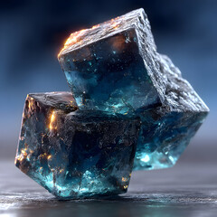 Blue glowing crystals, cubic fluorite, gemstone, mineral