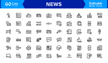 News journalism headline spotlight icons line icon set, professional modern minimal outline collection of media press report symbols vector graphics