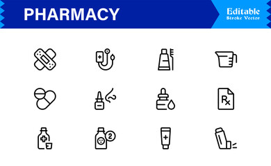Pharmacy Icon Set in Vector Style Featuring Medicine, Pills, Prescription, Health, and Medical Tools for Healthcare