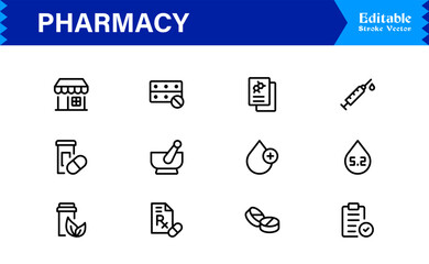 Pharmacy Icon Set in Vector Style Featuring Medicine, Pills, Prescription, Health, and Medical Tools for Healthcare