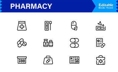 Pharmacy Icon Set in Vector Style Featuring Medicine, Pills, Prescription, Health, and Medical Tools for Healthcare