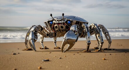 Obraz premium Chrome Crab Robot Strolling Along Sandy Beach Ocean Waves Gentle Breezes Mechanical Marvel Beachscape Engineering Masterpiece