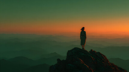 Silhouette of Woman on Mountaintop at Sunset