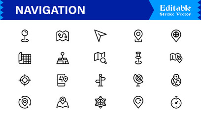Navigation Icon Set Featuring Compass, Map, Location Pins, and Direction Symbols in Vector Style