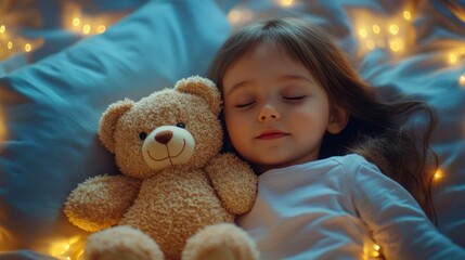 A little girl sleeping with her bear on a bed surrounded by soft pillows, the room glowing with a gentle, calming light, creating a serene nighttime scene.