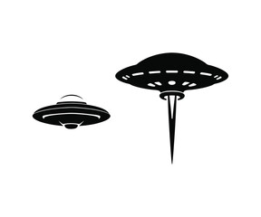 Two iconic flying saucers symbols of unidentified flying objects and extraterrestrial life depicted in a clean silhouette style against a white background vector illustration