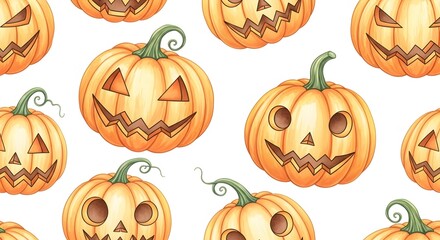 Carved Pumpkins Halloween Design Watercolor Autumn Harvest Jack OLanterns Spooky Faces Festive October Celebration Smiling Pumpkins Whimsical Watercolor Illustration Autumn Vibes Halloween Spirit