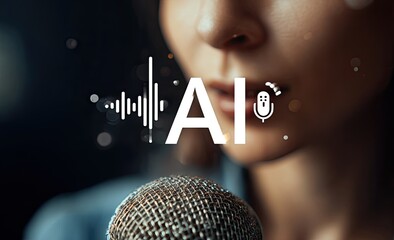 Close-up of a woman singing into a microphone, with AI text overlay and audio waves