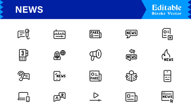 News journalism headline spotlight icons line icon set, professional modern minimal outline collection of media press report symbols vector graphics
