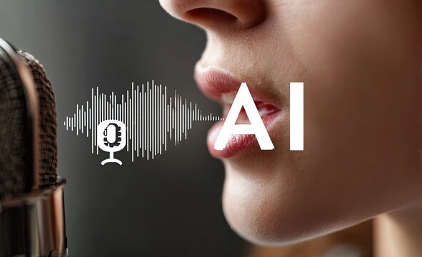 Woman speaking into a microphone, audio waves, AI text - Powered by Adobe