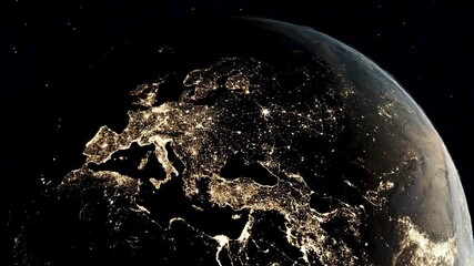 A realistic animation of Earth from space, showing Europe and the Middle East illuminated with glowing city lights, symbolizing global connectivity, civilization, and technology. - Powered by Adobe
