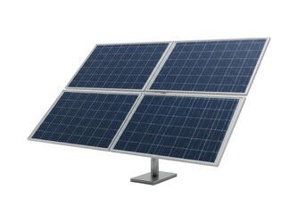 A single, sleek, modern solar panel array with dark blue photovoltaic cells, angled for optimal light capture, mounted on a brushed grey metallic stand, set on an expansive white plain with uniform