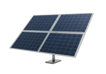A single, sleek, modern solar panel array with dark blue photovoltaic cells, angled for optimal light capture, mounted on a brushed grey metallic stand, set on an expansive white plain with uniform
